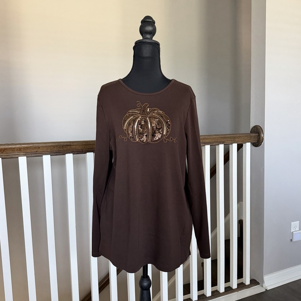 Quacker Factory Brown Sequin Pumpkin Shirt Blouse Large Novelty Whimsigoth Cabin